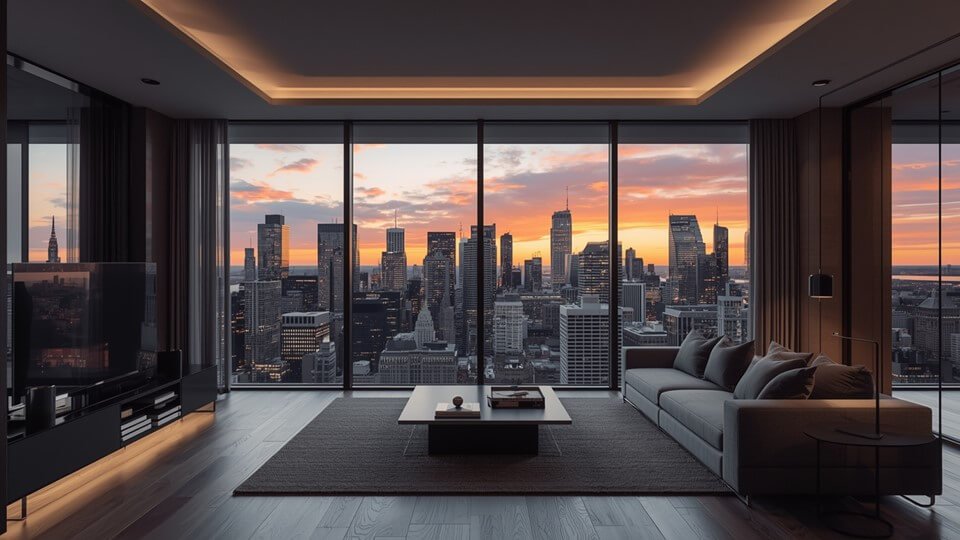 Imagem de uma sala de apartamento com visão panoramica.